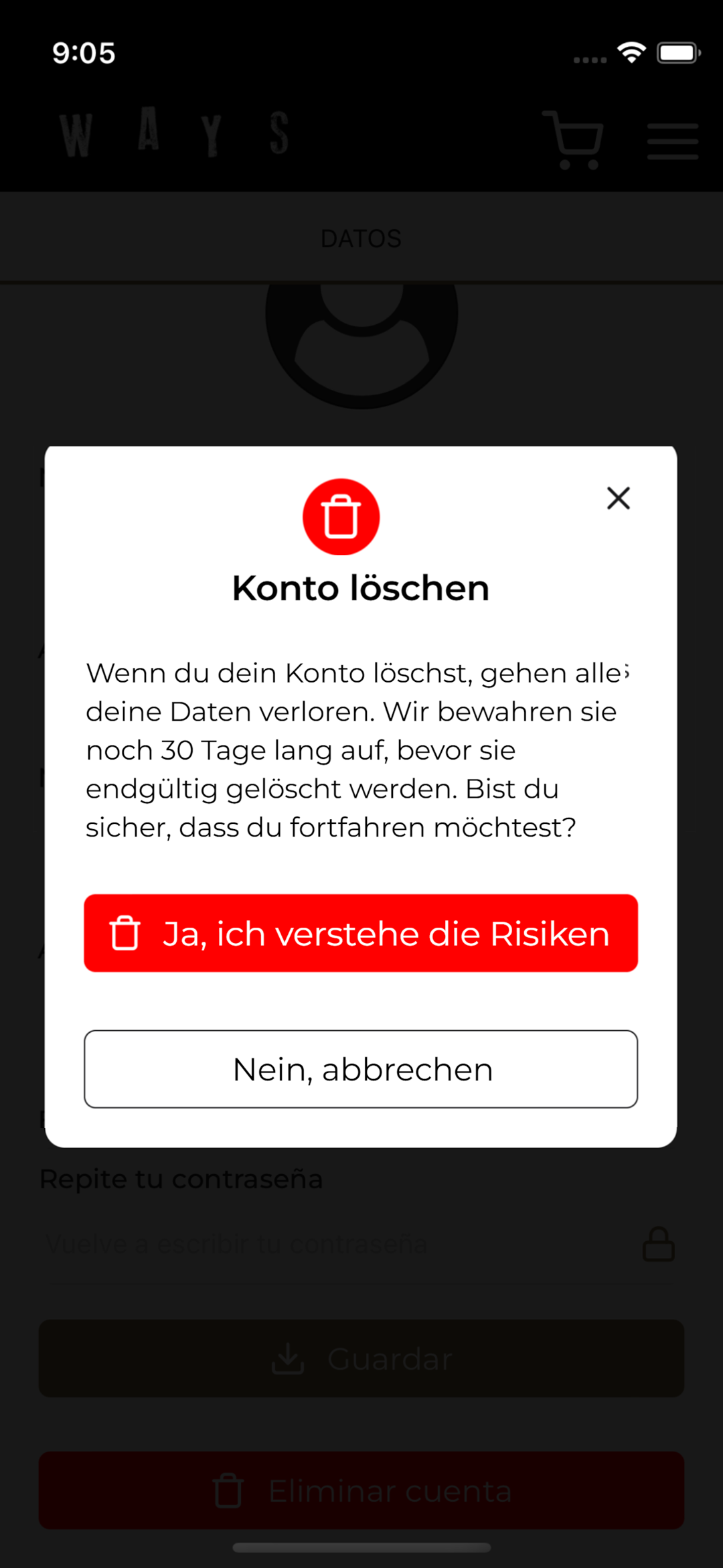 Konto löschen - Schritt 2