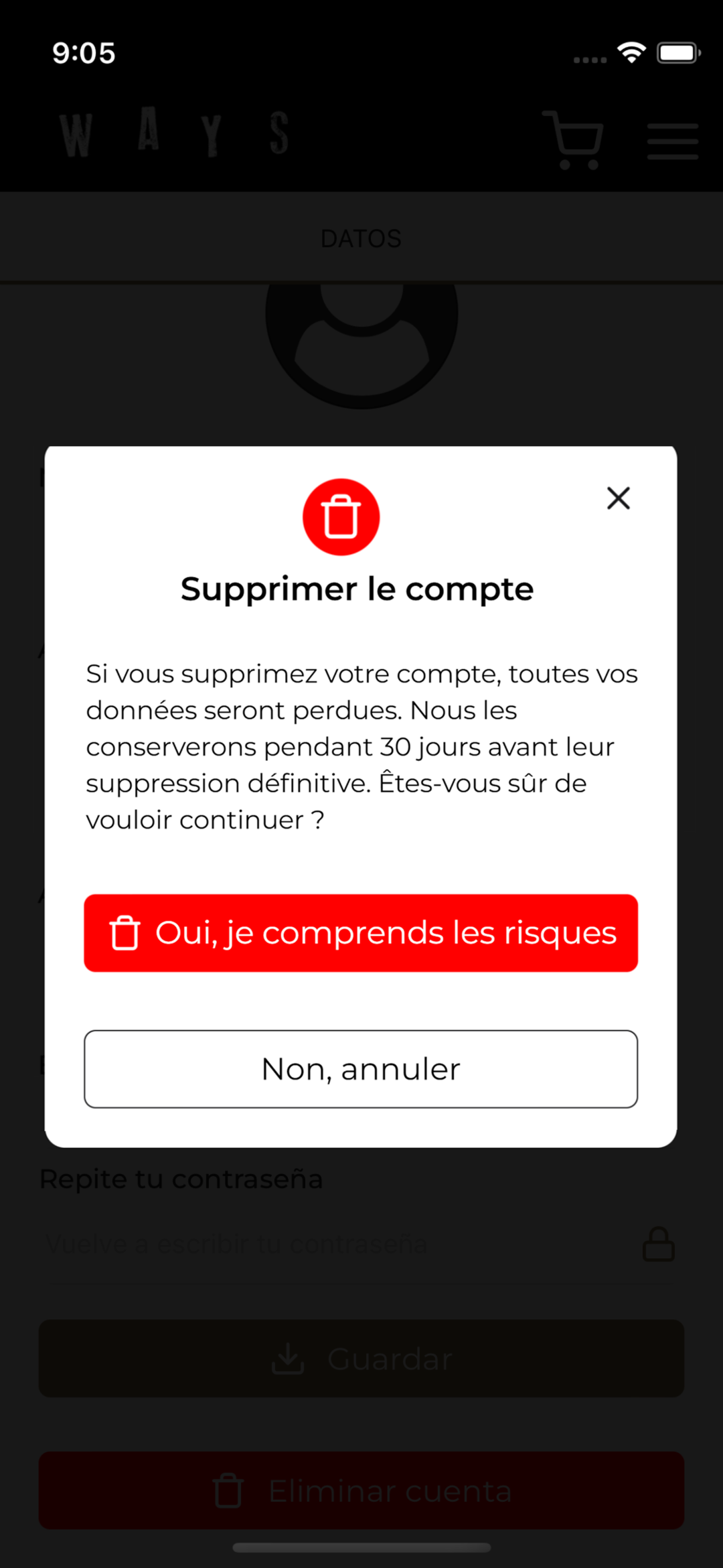 Supprimer le compte - Étape 2