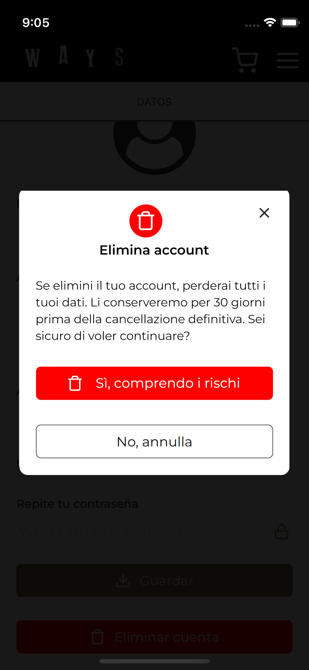 Elimina account - Fase 2